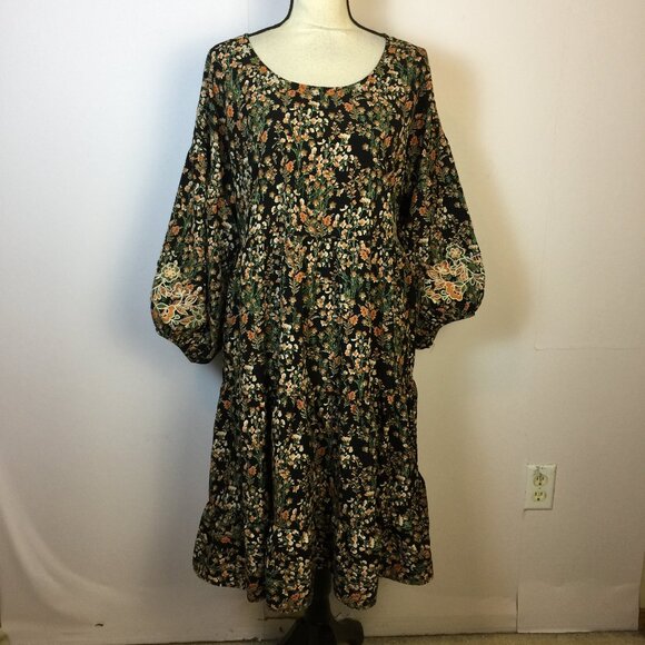 Solitaire Dress Size L Womans Black Floral Balloon Sleeve Embroidered Flowy Boho - Picture 1 of 15